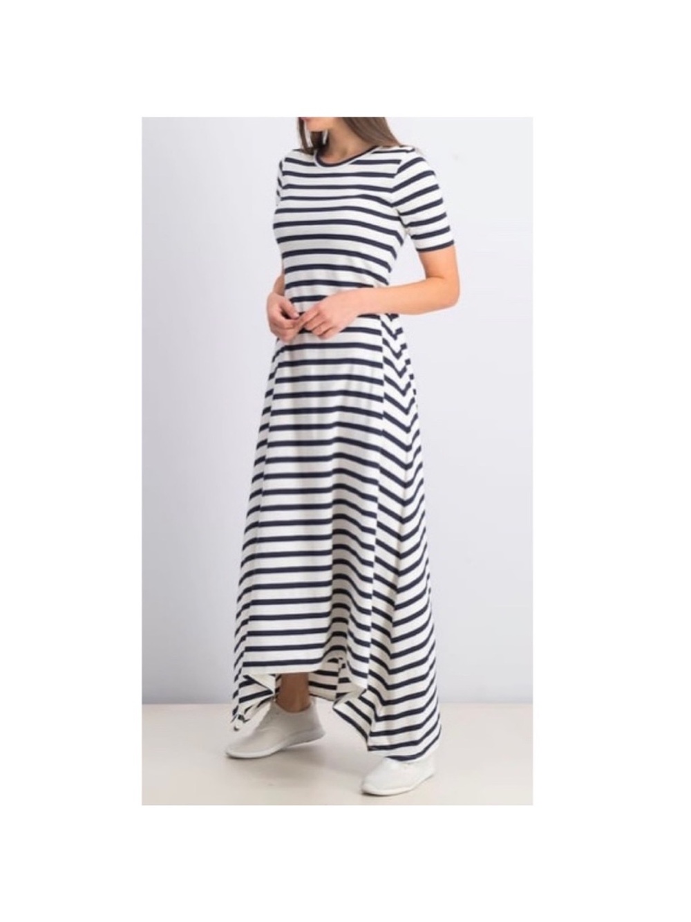 J. Crew Sunset Navy White Striped short sleeve XS High-Lo 100% cotton Maxi Dress